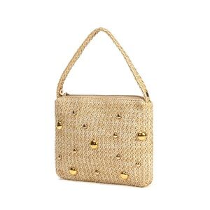 Woven Straw Shoulder Bag with Gold Accent Beads